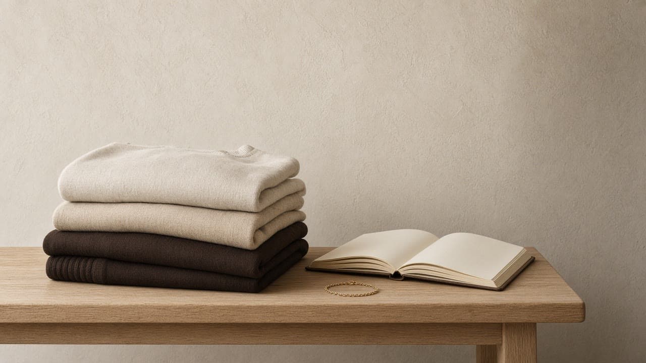 Folded sweatshirts in bone, oat, and espresso on a wooden bench beside an open notebook