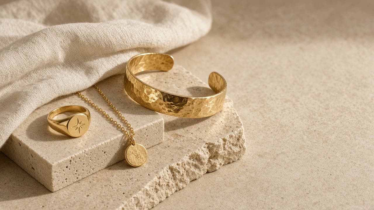 Gold signet ring, compass pendant, and cuff arranged on stone and linen
