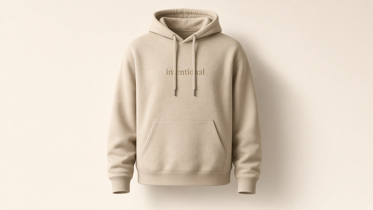 Intentional Hoodie in oat, on a bone studio backdrop
