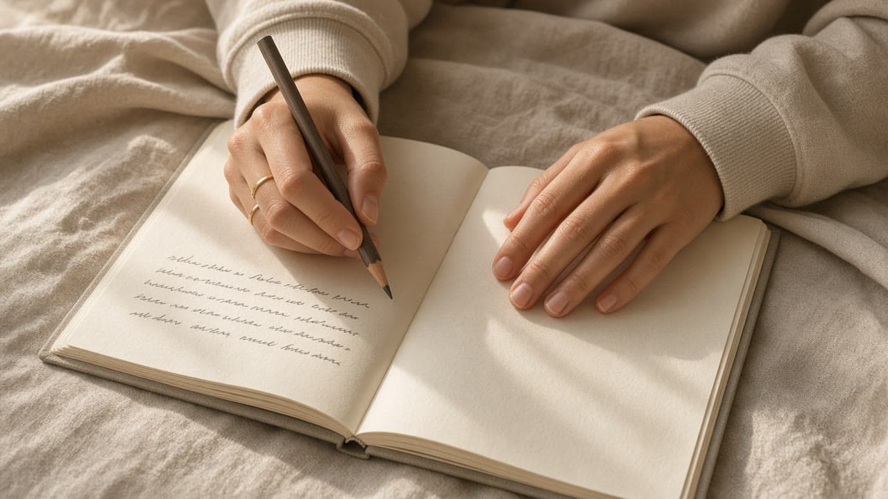 Hands writing in a linen journal, with an oat sweatshirt cuff and a thin gold ring