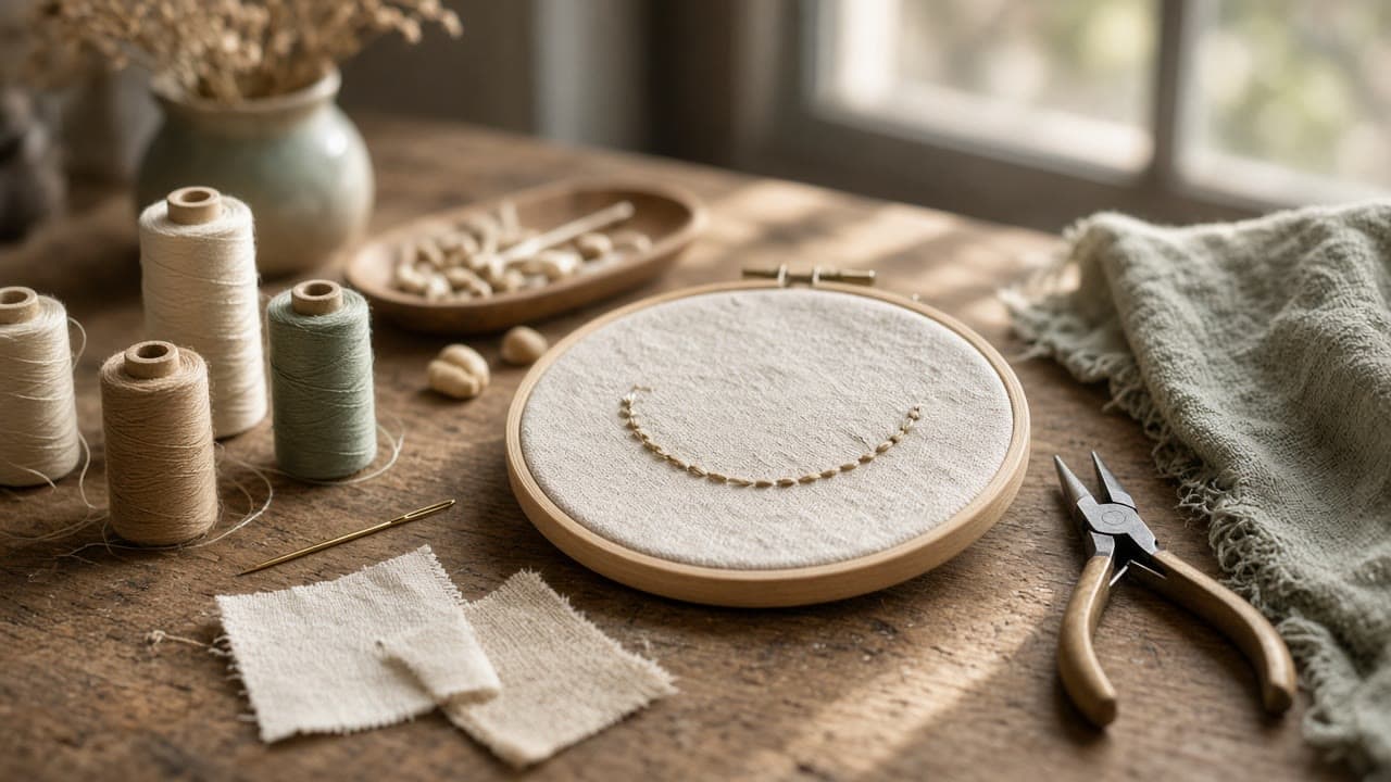 Spools of cream and sage thread, a needle, and fabric swatches on a workshop table