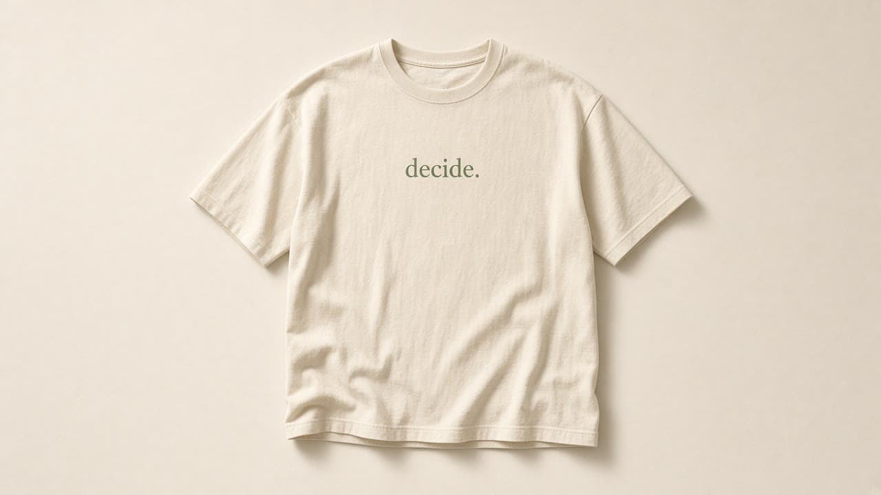 Decide Tee in cream, on a bone studio backdrop